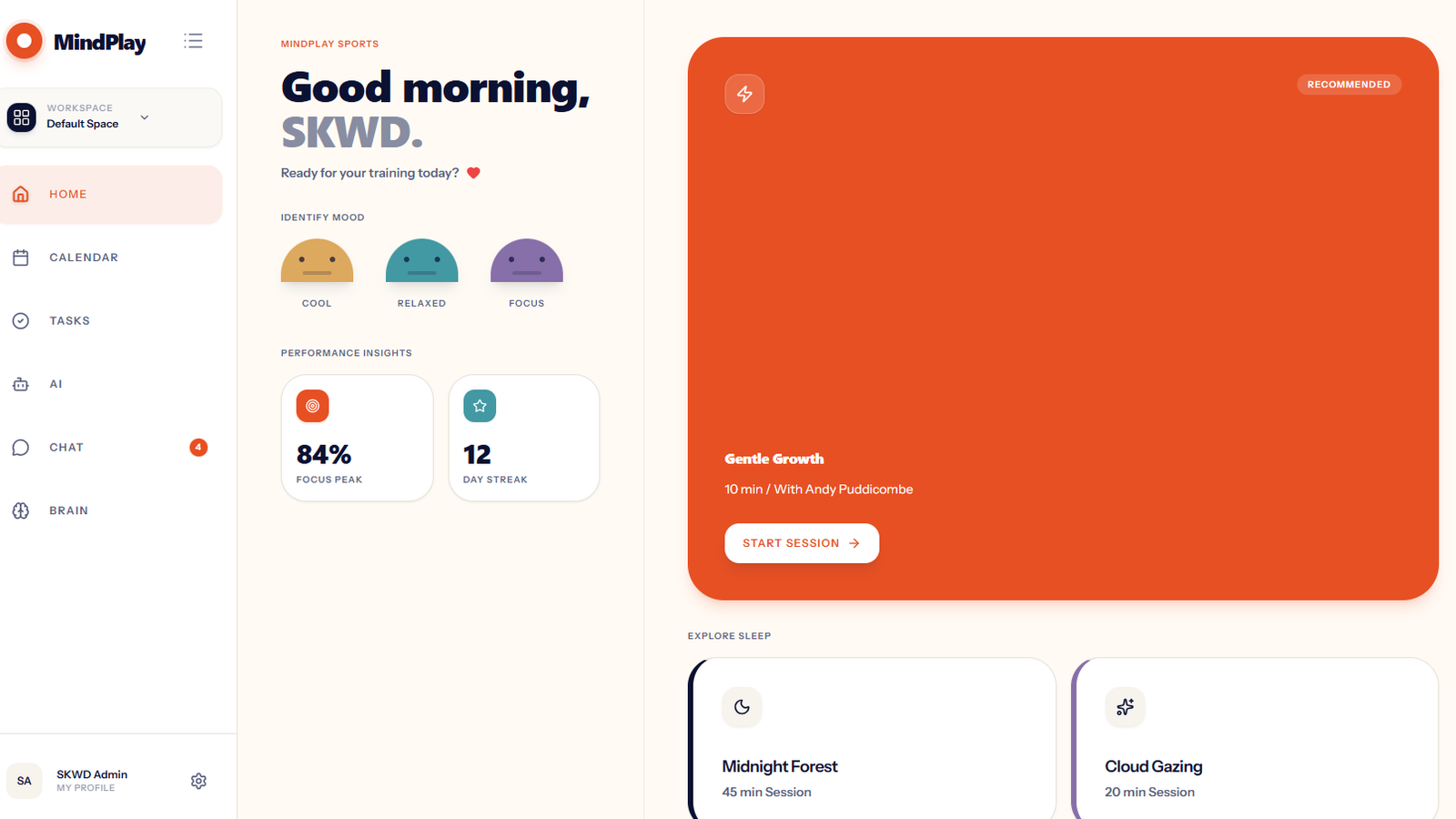 MindPlay Sport dashboard with mental performance sessions, mood check-in and athlete navigation